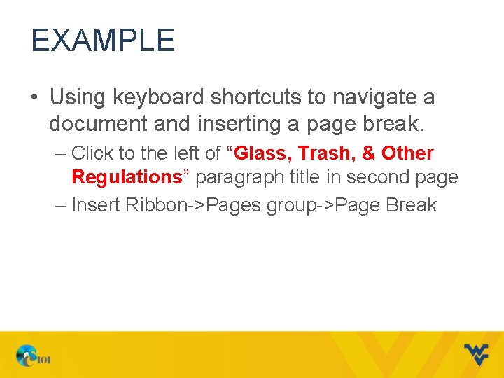 EXAMPLE • Using keyboard shortcuts to navigate a document and inserting a page break.