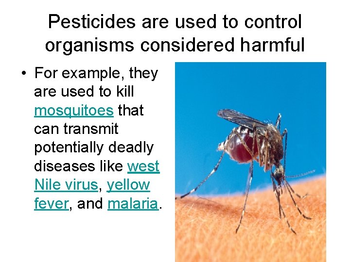 Pesticides are used to control organisms considered harmful • For example, they are used