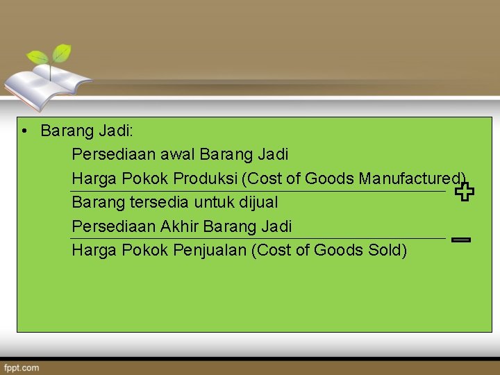  • Barang Jadi: Persediaan awal Barang Jadi Harga Pokok Produksi (Cost of Goods