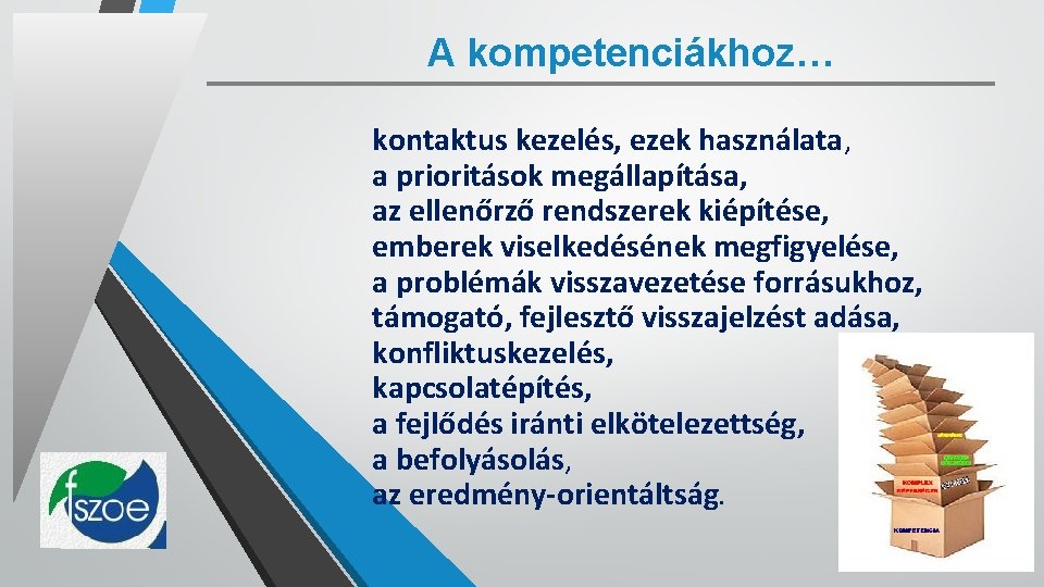 A kompetenciákhoz… kontaktus kezelés, ezek használata, a prioritások megállapítása, az ellenőrző rendszerek kiépítése, emberek