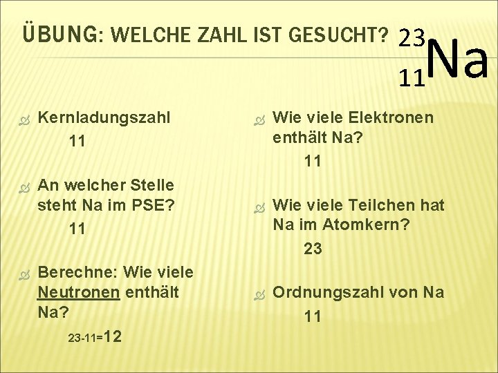 ÜBUNG: WELCHE ZAHL IST GESUCHT? 23 Na 11 Kernladungszahl 11 An welcher Stelle steht