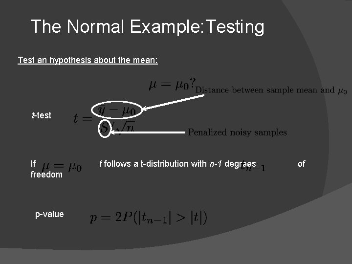 The Normal Example: Testing Test an hypothesis about the mean: t-test If freedom p-value