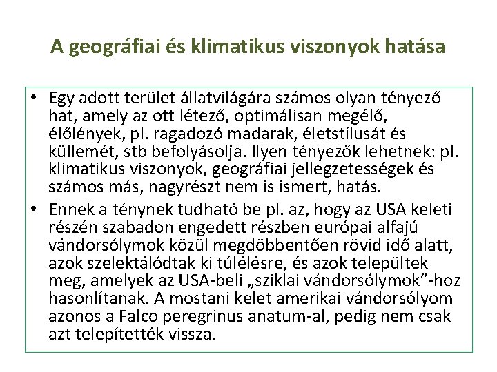 A geográfiai és klimatikus viszonyok hatása • Egy adott terület állatvilágára számos olyan tényező