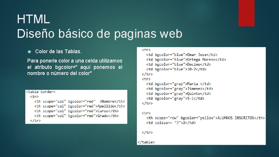 HTML Diseño básico de paginas web Color de las Tablas. Para ponerle color a