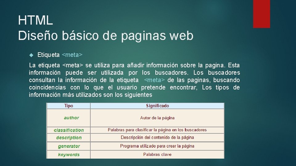 HTML Diseño básico de paginas web Etiqueta <meta> La etiqueta <meta> se utiliza para