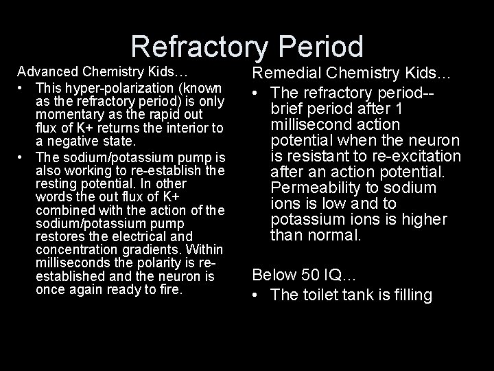 Refractory Period Advanced Chemistry Kids… • This hyper-polarization (known as the refractory period) is