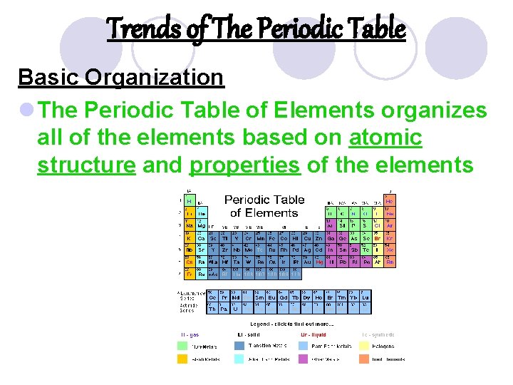 Trends of The Periodic Table Basic Organization l The Periodic Table of Elements organizes