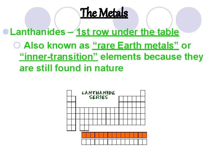 The Metals l Lanthanides – 1 st row under the table ¡ Also known