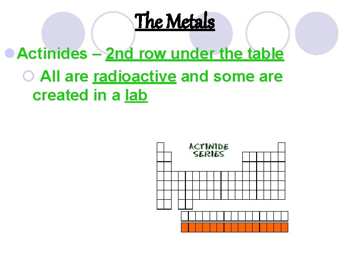 The Metals l Actinides – 2 nd row under the table ¡ All are