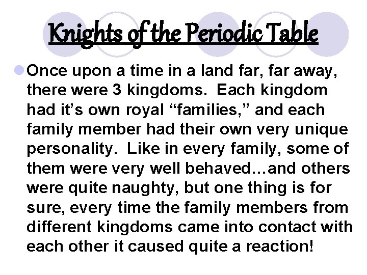 Knights of the Periodic Table l Once upon a time in a land far,