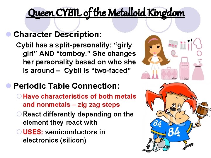 Queen CYBIL of the Metalloid Kingdom l Character Description: Cybil has a split-personality: “girly
