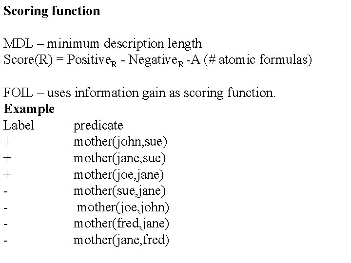 Scoring function MDL – minimum description length Score(R) = Positive. R - Negative. R