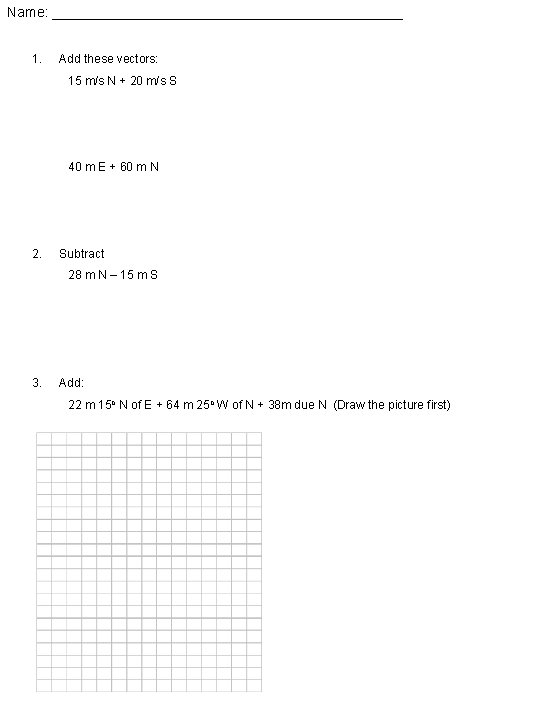 Name: _______________________ 1. Add these vectors: 15 m/s N + 20 m/s S 40