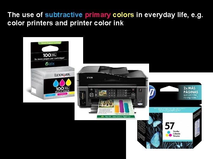 The use of subtractive primary colors in everyday life, e. g. color printers and