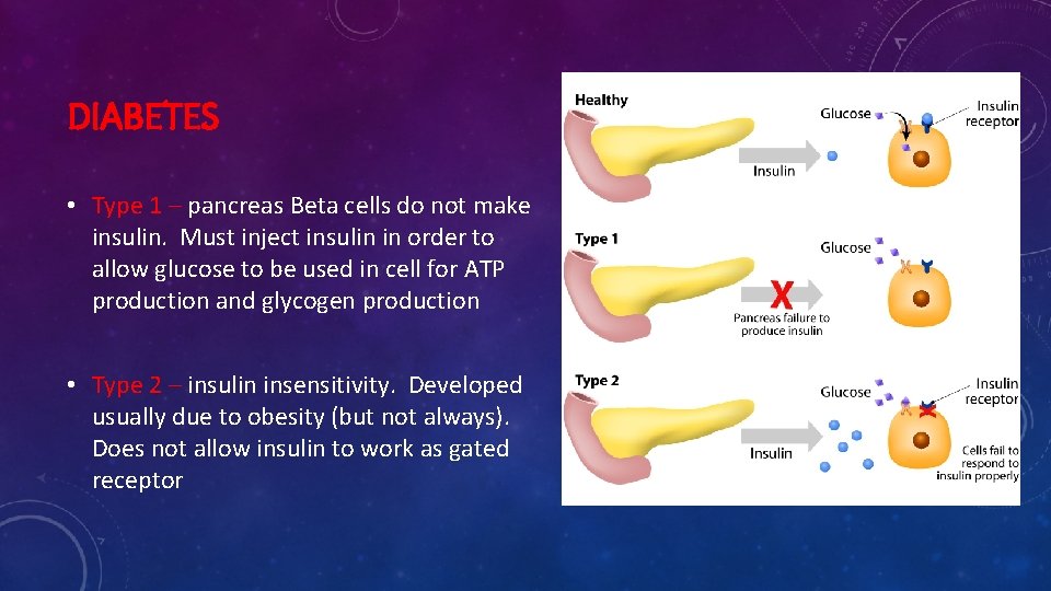 DIABETES • Type 1 – pancreas Beta cells do not make insulin. Must inject
