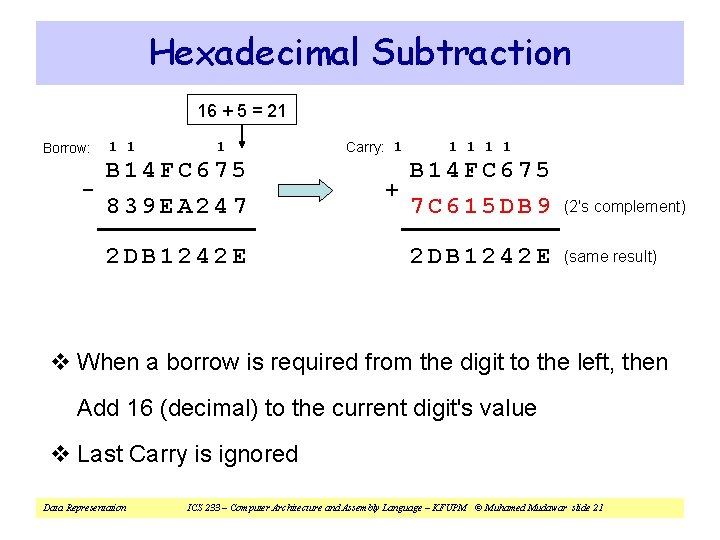 Hexadecimal Subtraction 16 + 5 = 21 Borrow: - 1 1 1 B 14 Hexadecimal Subtraction 16 + 5 = 21 Borrow: - 1 1 1 B 14