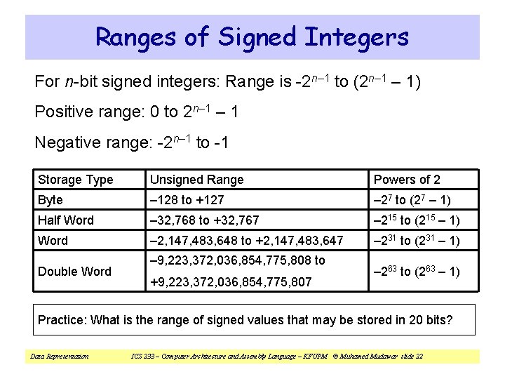 Ranges of Signed Integers For n-bit signed integers: Range is -2 n– 1 to Ranges of Signed Integers For n-bit signed integers: Range is -2 n– 1 to