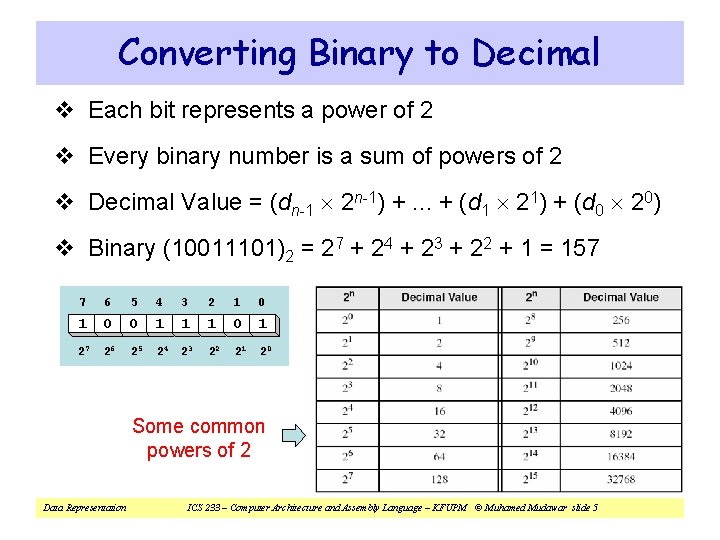 Converting Binary to Decimal v Each bit represents a power of 2 v Every Converting Binary to Decimal v Each bit represents a power of 2 v Every