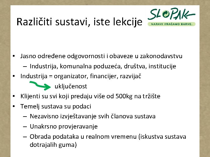 Različiti sustavi, iste lekcije • Jasno određene odgovornosti i obaveze u zakonodavstvu – Industrija,