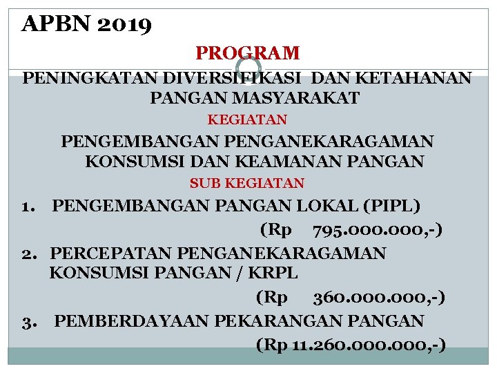 APBN 2019 PROGRAM PENINGKATAN DIVERSIFIKASI DAN KETAHANAN PANGAN MASYARAKAT KEGIATAN PENGEMBANGAN PENGANEKARAGAMAN KONSUMSI DAN