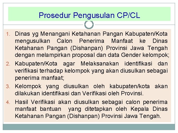 Prosedur Pengusulan CP/CL 1. Dinas yg Menangani Ketahanan Pangan Kabupaten/Kota mengusulkan Calon Penerima Manfaat