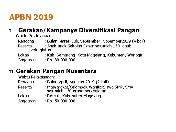 APBN 2019 I. Gerakan/Kampanye Diversifikasi Pangan Waktu Pelaksanaan: Rencana : Bulan Maret, Juli, September,
