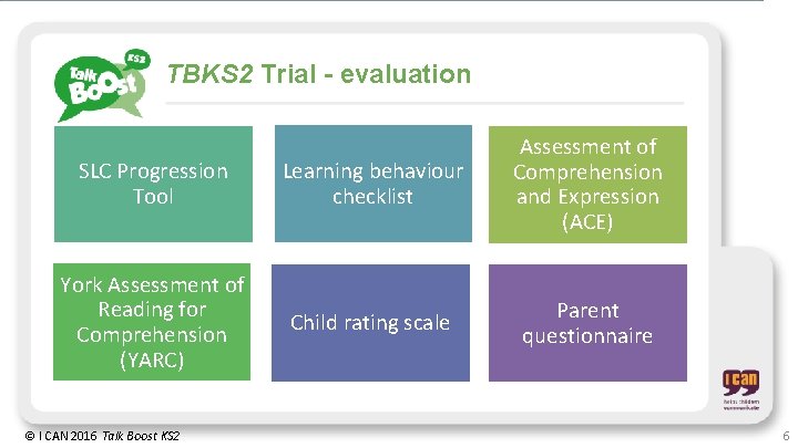 TBKS 2 Trial - evaluation SLC Progression Tool Learning behaviour checklist Assessment of Comprehension