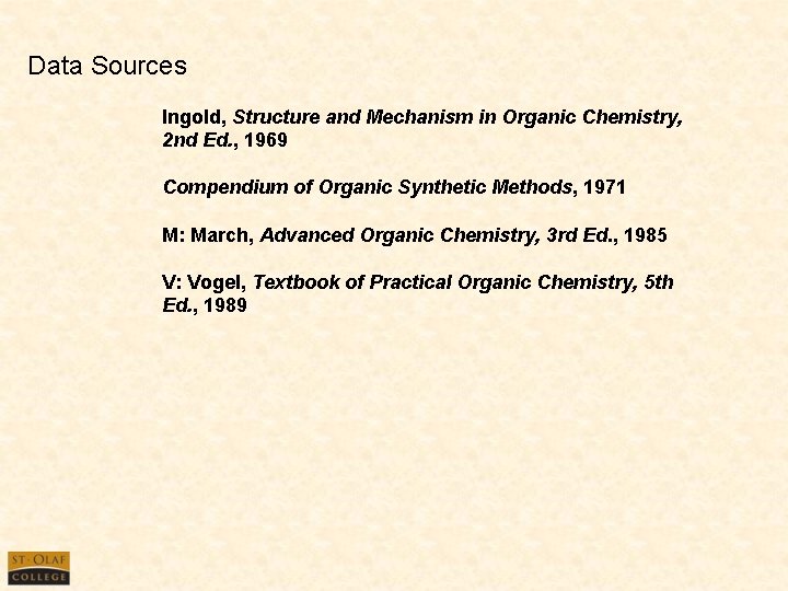 Data Sources Ingold, Structure and Mechanism in Organic Chemistry, 2 nd Ed. , 1969