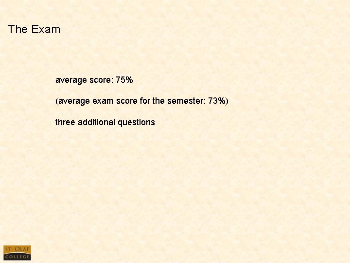 The Exam average score: 75% (average exam score for the semester: 73%) three additional