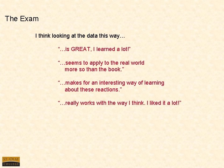 The Exam I think looking at the data this way… “…is GREAT, I learned