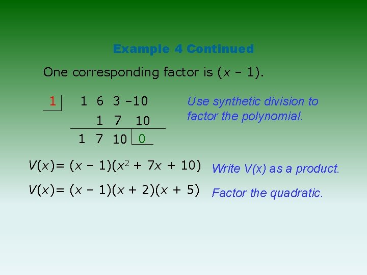 Example 4 Continued One corresponding factor is (x – 1). 1 1 6 3 Example 4 Continued One corresponding factor is (x – 1). 1 1 6 3