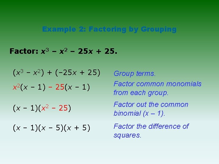 Example 2: Factoring by Grouping Factor: x 3 – x 2 – 25 x Example 2: Factoring by Grouping Factor: x 3 – x 2 – 25 x