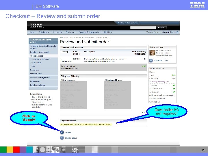 IBM Software Checkout – Review and submit order Click on ‘Submit’ Zero Dollar PO
