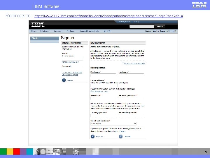 IBM Software Redirects to: https: //www-112. ibm. com/software/howtobuy/passportadvantage/paocustomer/Login. Page? abu= 5 