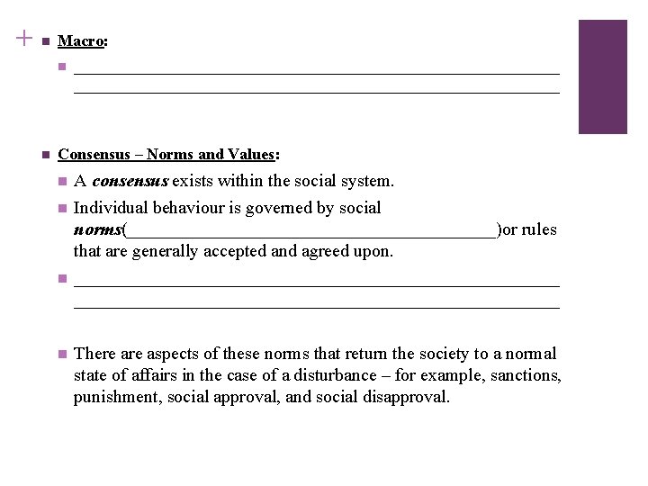 + n Macro: n n ____________________________________________________________ Consensus – Norms and Values: n n A