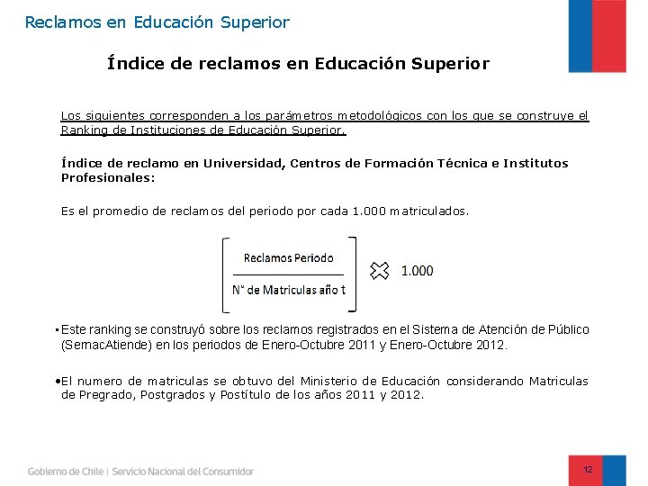 Reclamos en Educación Superior Índice de reclamos en Educación Superior Los siguientes corresponden a