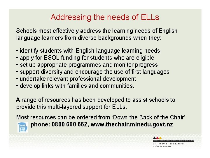 Addressing the needs of ELLs Schools most effectively address the learning needs of English