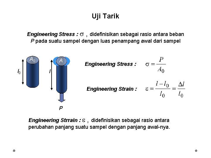 Uji Tarik Engineering Stress : , didefinisikan sebagai rasio antara beban P pada suatu