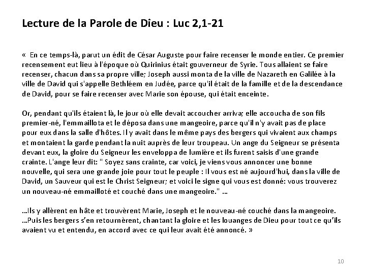 Lecture de la Parole de Dieu : Luc 2, 1 -21 « En ce