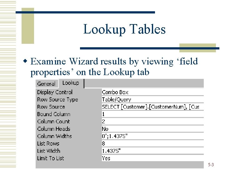 Lookup Tables w Examine Wizard results by viewing ‘field properties’ on the Lookup tab