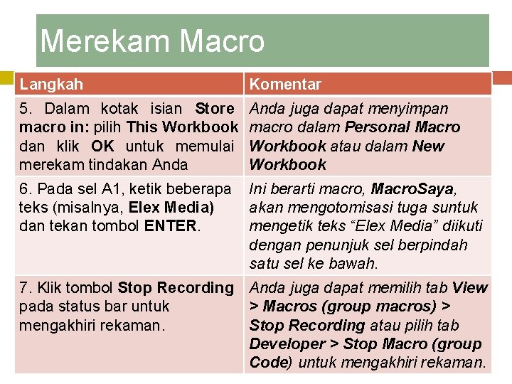 Merekam Macro Langkah Komentar 5. Dalam kotak isian Store macro in: pilih This Workbook