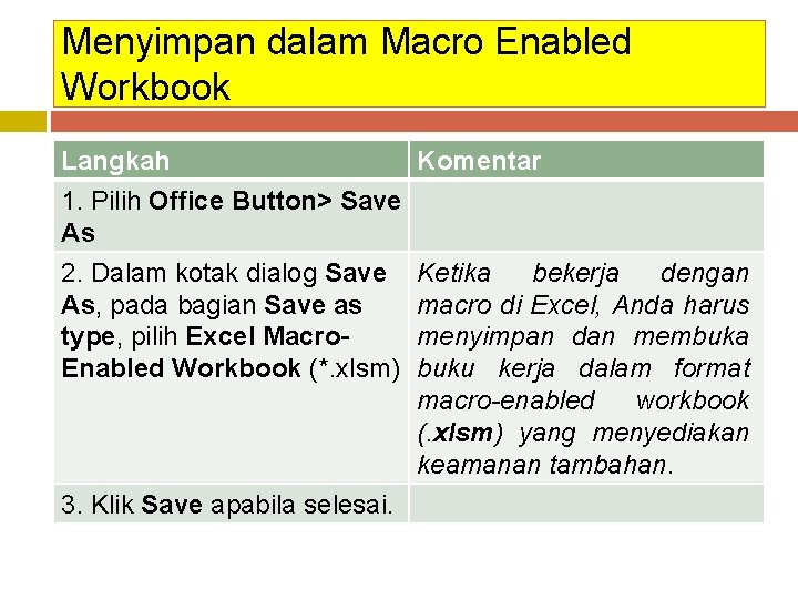 Menyimpan dalam Macro Enabled Workbook Langkah Komentar 1. Pilih Office Button> Save As 2.