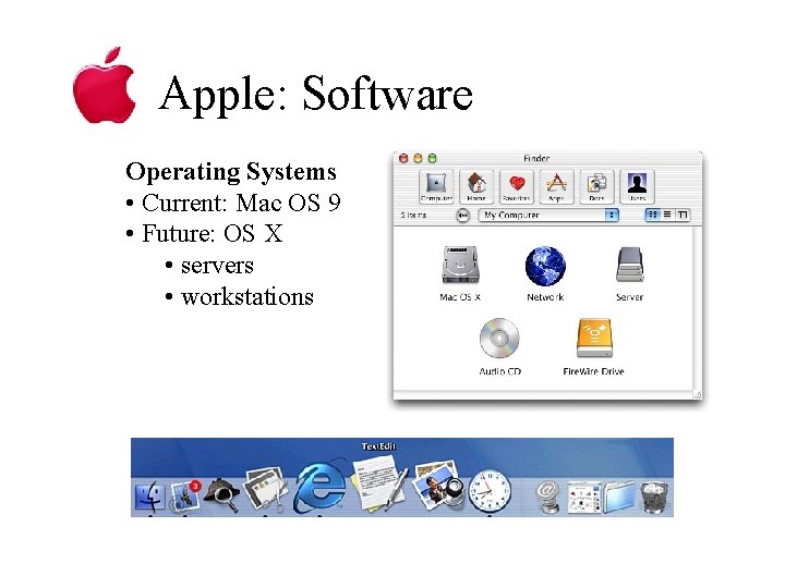 Apple: Software Operating Systems • Current: Mac OS 9 • Future: OS X •