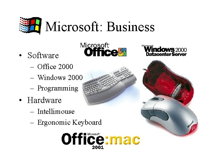 Microsoft: Business • Software – Office 2000 – Windows 2000 – Programming • Hardware