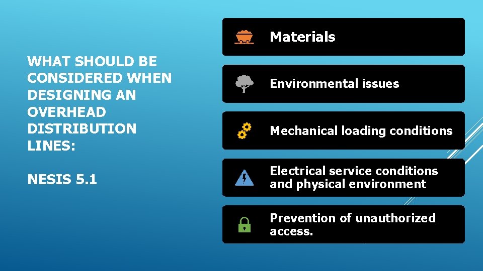 Materials WHAT SHOULD BE CONSIDERED WHEN DESIGNING AN OVERHEAD DISTRIBUTION LINES: NESIS 5. 1