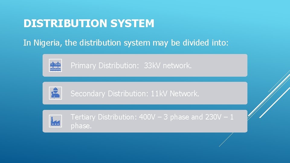 DISTRIBUTION SYSTEM In Nigeria, the distribution system may be divided into: Primary Distribution: 33