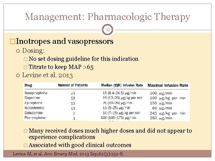 Management: Pharmacologic Therapy 12 �Inotropes and vasopressors Dosing: � No set dosing guideline for