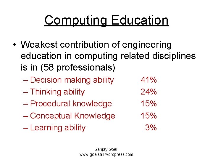 Computing Education • Weakest contribution of engineering education in computing related disciplines is in