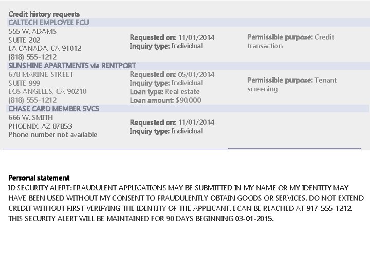Credit history requests CALTECH EMPLOYEE FCU 555 W. ADAMS Requested on: 11/01/2014 SUITE 202