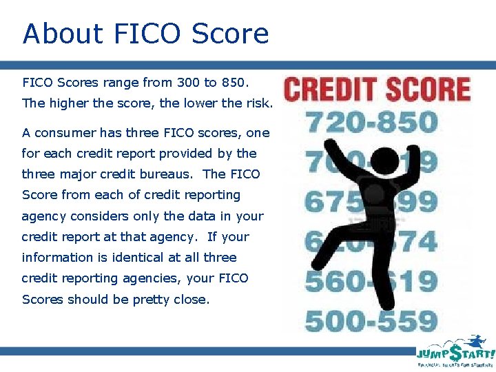 About FICO Scores range from 300 to 850. The higher the score, the lower